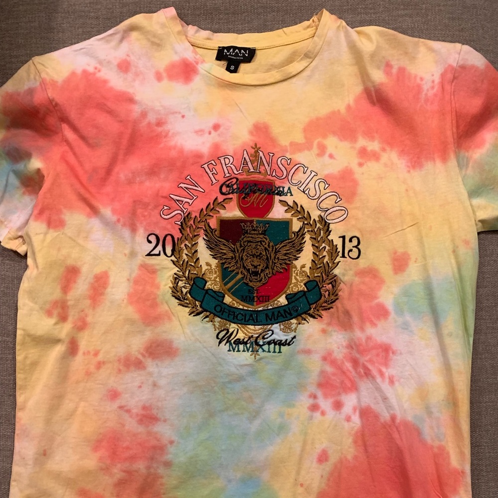 Boohoo embroidered patch tie dye shirt.